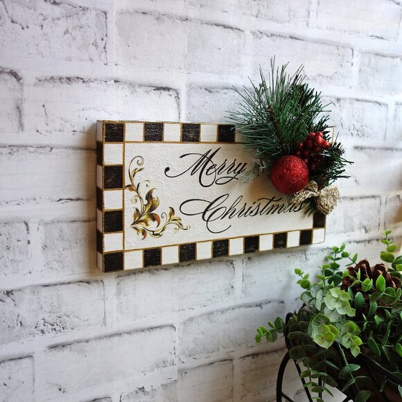 Checked Merry Christmas Sign Checked Ornament Checked Holiday Courtly Decor - Picture 6 of 10